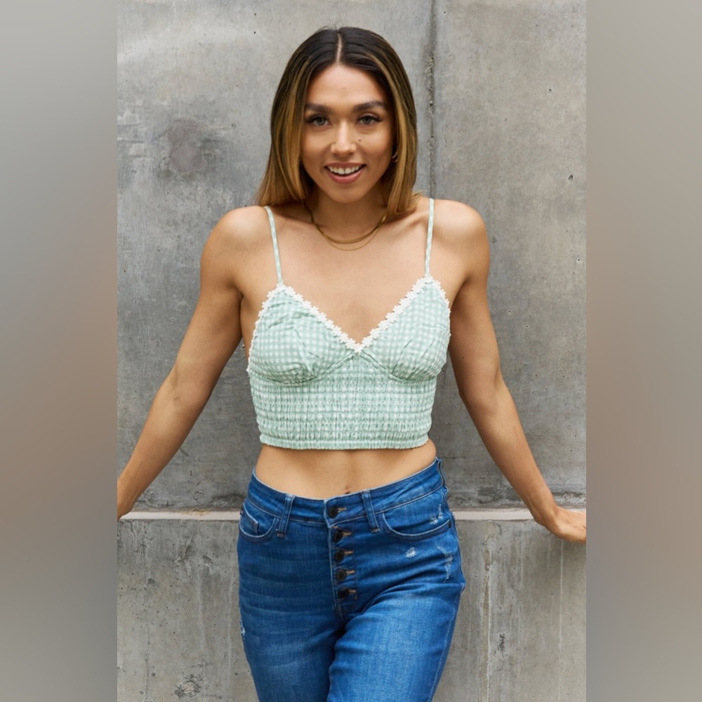 Gingham Daisy Trim Smocked Bustier in Sage